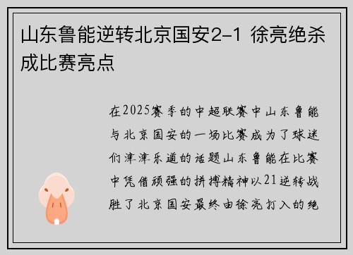 山东鲁能逆转北京国安2-1 徐亮绝杀成比赛亮点