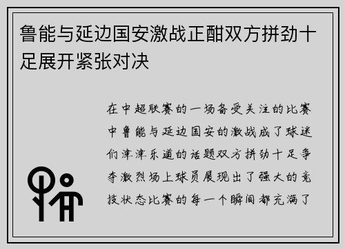 鲁能与延边国安激战正酣双方拼劲十足展开紧张对决